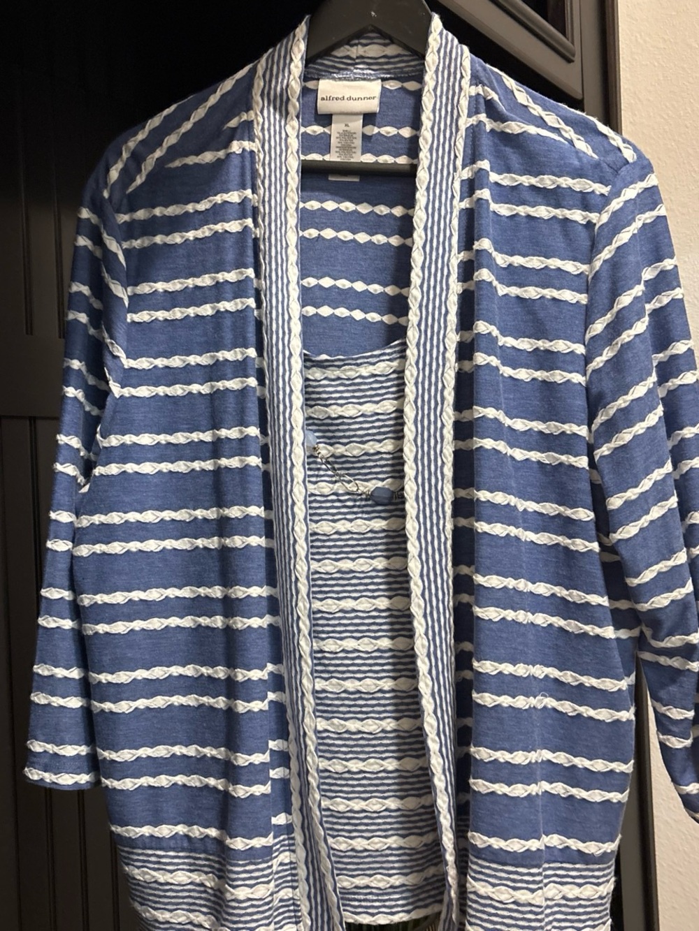 Alfred Dunner Blue & White Striped Open-Front Cardigan